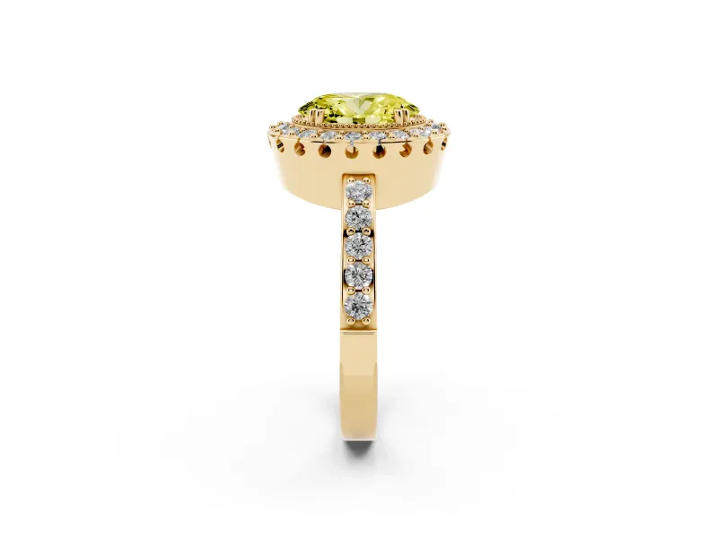 Fancy Yellow Oval Cut Diamond Halo Ring Set in Yellow gold with Pavé Shank and Prong Setting
