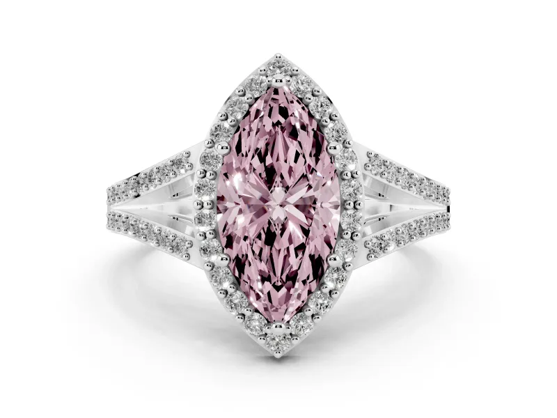 Fancy Pink Marquise Cut Diamond Halo Split Shank Pavé Ring Set in Silver with Prong Setting