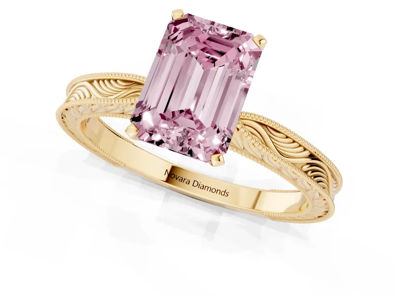 Fancy Pink Emerald Cut Diamond Solitaire Milgrain Engraved Band Set in Yellow gold with Prong Setting