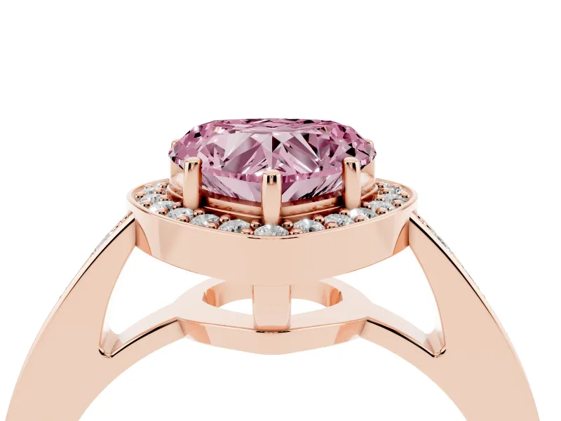 Fancy Pink Heart Cut Diamond Halo Pavé Engagement Ring Set in Rose gold with Bezel Setting