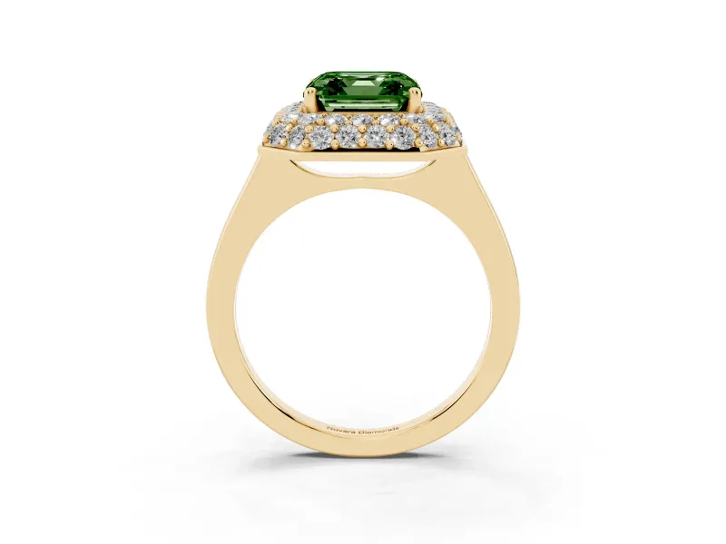Asscher Cut Pave Halo Engagement Ring Setting for a Fancy Green Lab-Grown Diamond | Slim Plain Band | Yellow Gold