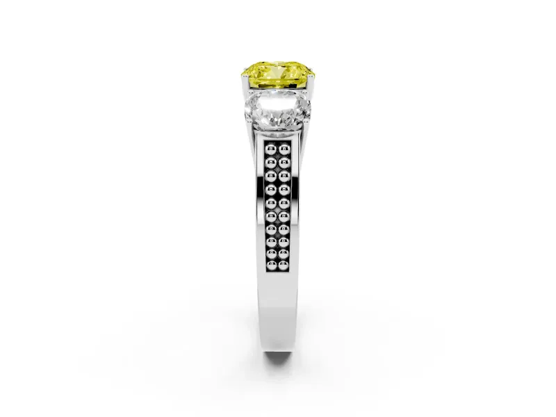 Fancy Yellow Cushion Cut Diamond Three-Stone Ring Set in White gold with Textured Band