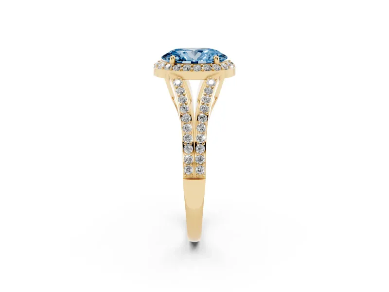 Fancy Blue Oval Cut Diamond Halo Split Shank Pavé Ring Set in Yellow gold with Prong Setting