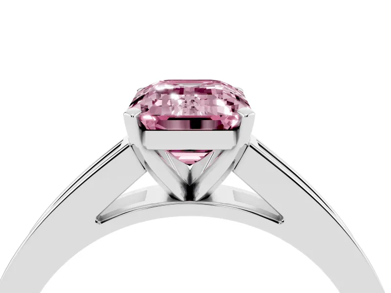 Fancy Pink Emerald Cut Diamond Solitaire Ring Set in Platinum with Channel-Set Band and Prong Setting