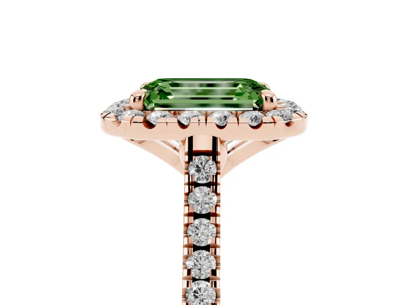 Emerald Cut Halo Engagement Ring Setting for a Fancy Green Lab-Grown Diamond | Tapered Band | Rose Gold