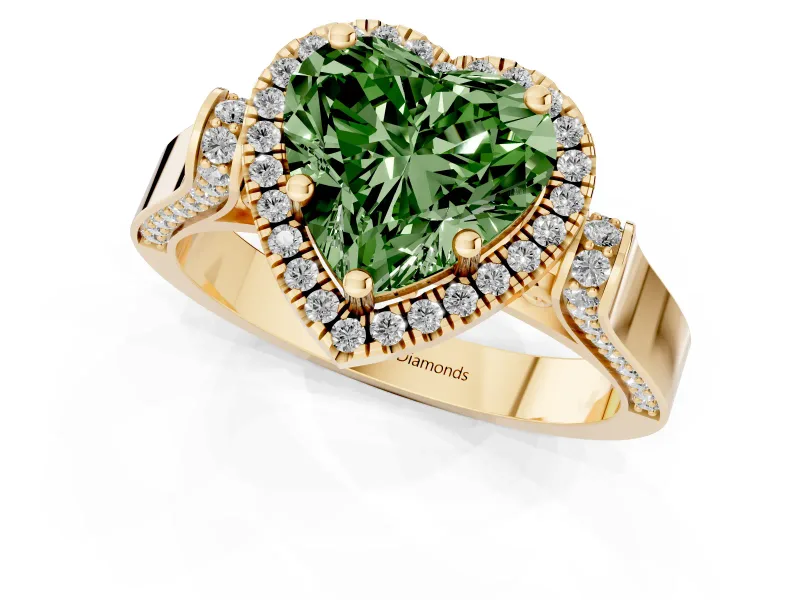 Heart-Shaped Halo Engagement Ring Setting for a Fancy Green Lab-Grown Diamond | Pointed Pave Shoulders | Yellow Gold