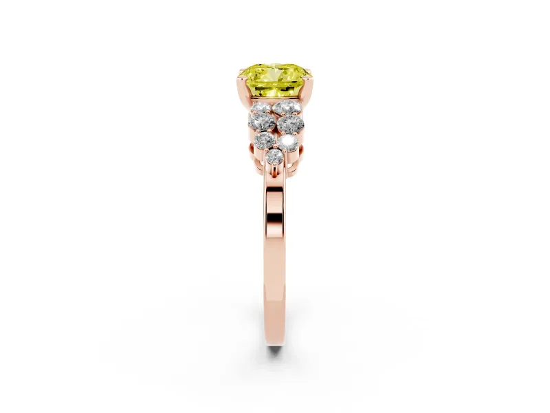Cushion Cut Side Stone Engagement Ring Setting for a Fancy Yellow Lab-Grown Diamond | Shoulder Clusters | Rose Gold