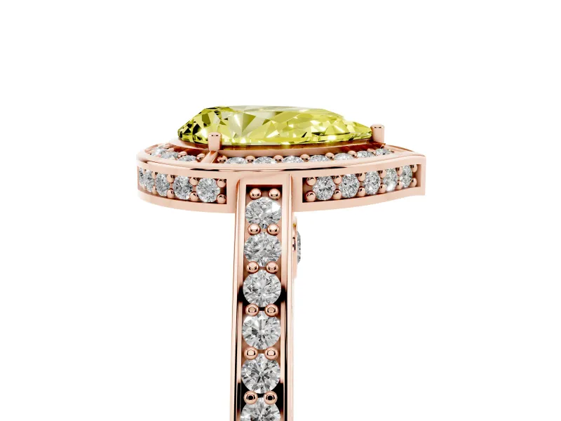 Fancy Yellow Pear Cut Diamond Halo Pavé Split Shank Ring Set in Rose gold with Prong Setting