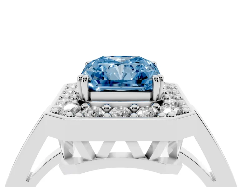 Radiant Cut Halo Engagement Ring Setting for a Fancy Blue Lab-Grown Diamond | Polished Halo Rim | White Gold