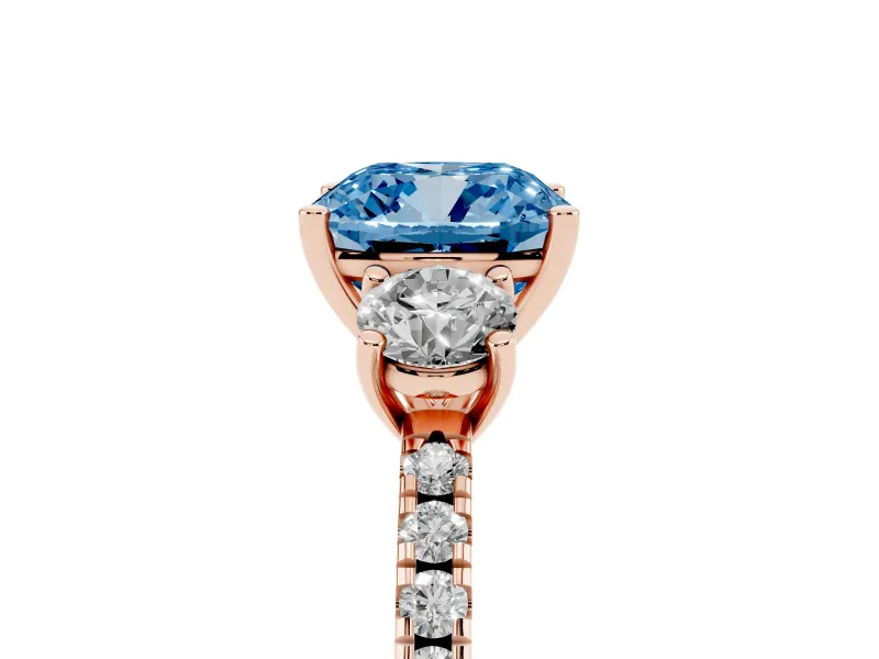 Cushion Cut Three Stone Engagement Ring Setting for a Fancy Blue Lab-Grown Diamond | Pave Shoulders | Rose Gold