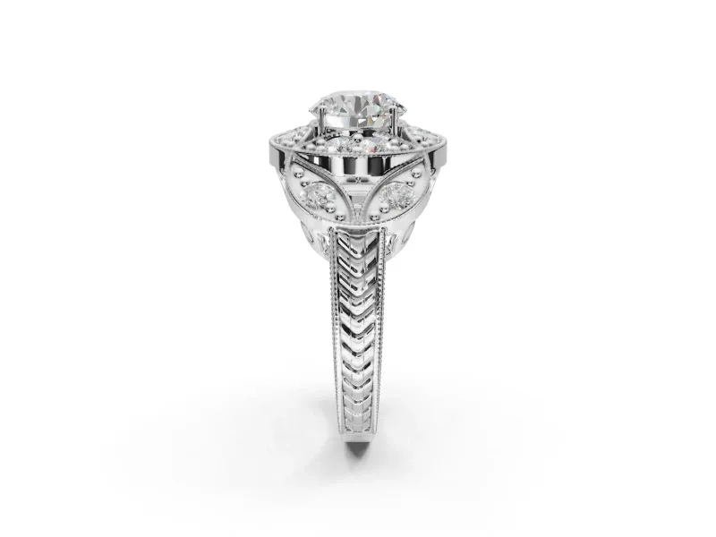 Round Vintage Floral Halo Engagement Ring Setting | Engraved Milgrain Band | Platinum