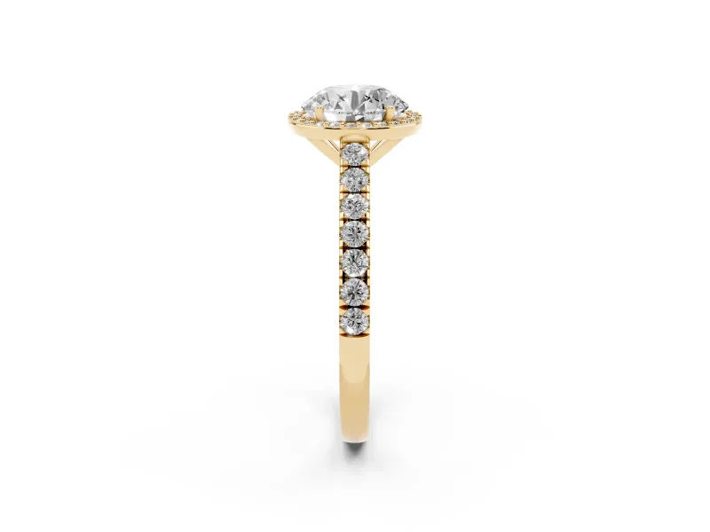 Round Cut Diamond Halo Engagement Ring Set in Yellow gold with Pavé Band and Prong Setting