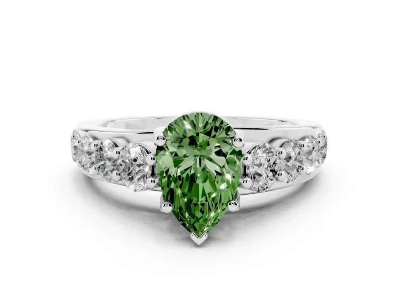 Fancy Green Pear Cut Diamond Pavé Engagement Ring Set in Platinum with Prong Setting