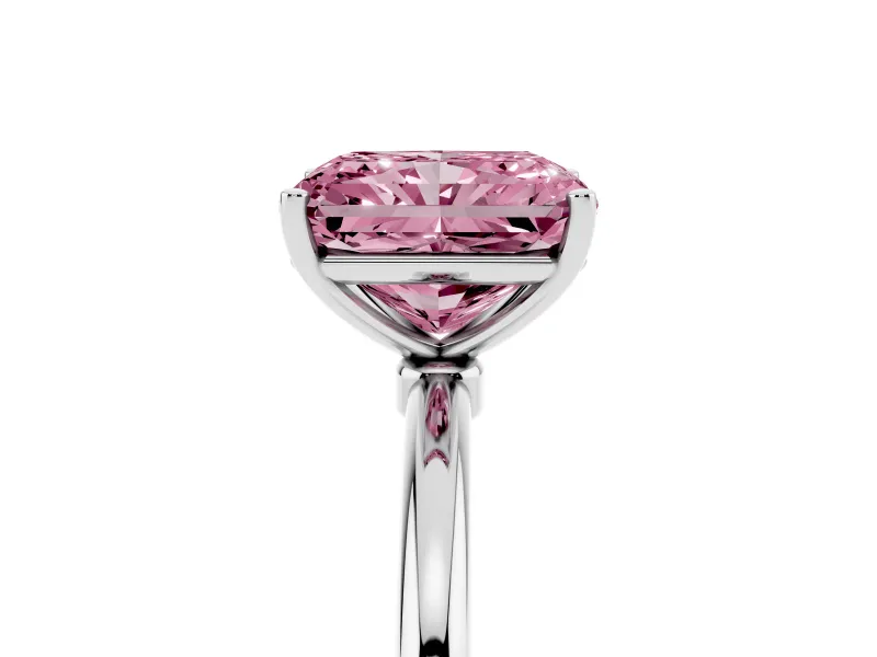 Fancy Pink Radiant Cut Diamond Solitaire Engagement Ring Set in White gold with Thin Band and Prong Setting