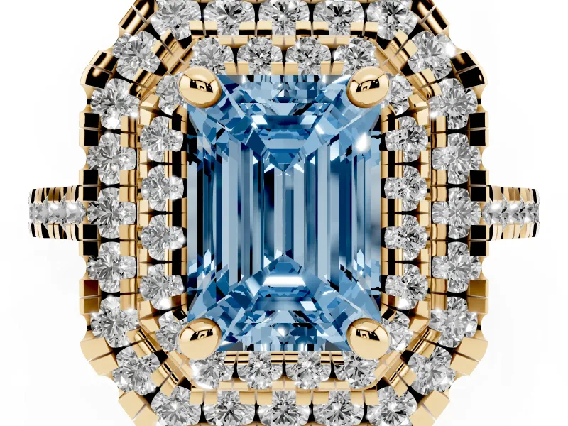 Emerald Cut Double Halo Engagement Ring Setting for a Fancy Blue Lab-Grown Diamond | Pave Shoulders | Yellow Gold