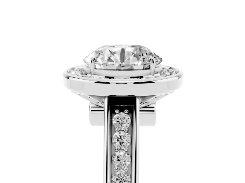 Round Cut Diamond Halo Solitaire Ring Set in Silver with Pavé Band and Bezel Setting