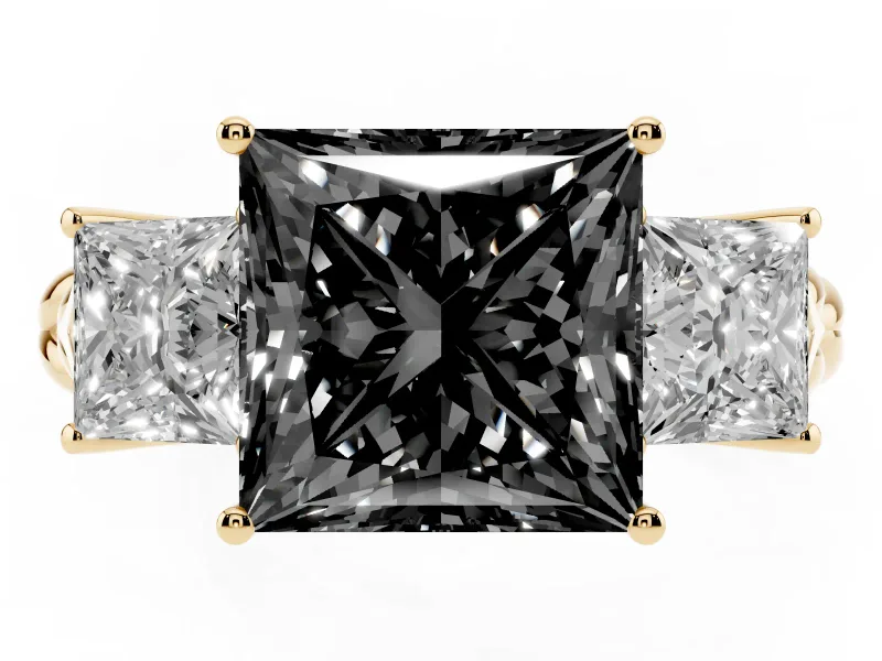 Fancy Black Princess Cut Diamond Three-Stone Ring Set in Yellow gold with Braided Band