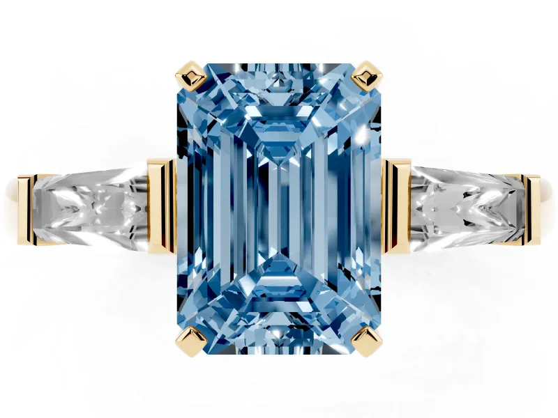 Emerald Cut Three Stone Engagement Ring Setting for a Fancy Blue Lab-Grown Diamond | Tapered Baguettes | Yellow Gold