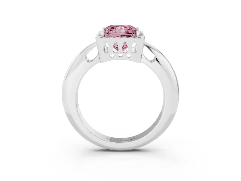 Fancy Pink Princess Cut Diamond Halo Engagement Ring Set in Platinum with Plain Split Shank and Prong Setting