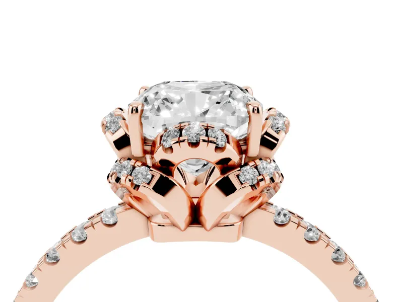 Cushion Cut Diamond Halo Pavé Band Ring Set in Rose gold with Prong-Held Center