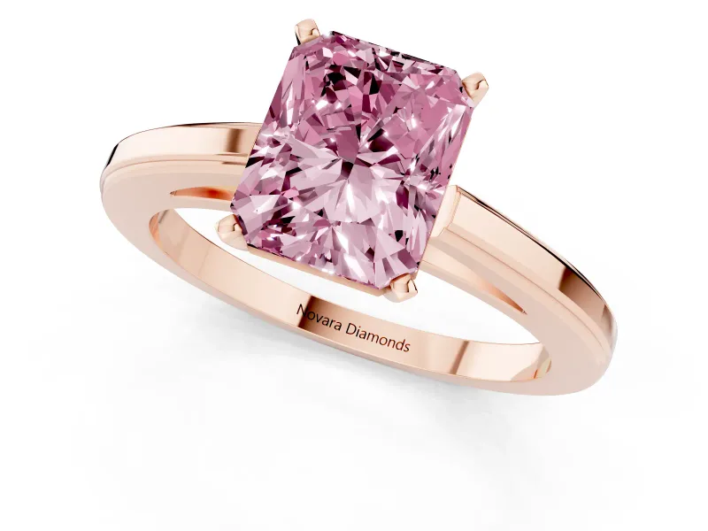 Fancy Pink Radiant Cut Diamond Solitaire Ring Set in Rose gold with Prong Setting and Classic Band