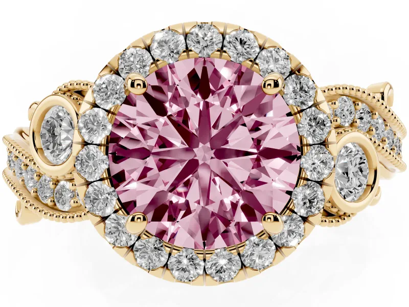 Fancy Pink Round Cut Diamond Halo Ring Set in Yellow gold with Milgrain Pavé Band and Prong Setting