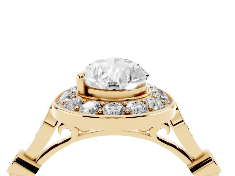 Pear-Shaped Vintage Halo Engagement Ring Setting | Bezel Station Shoulders | Yellow Gold