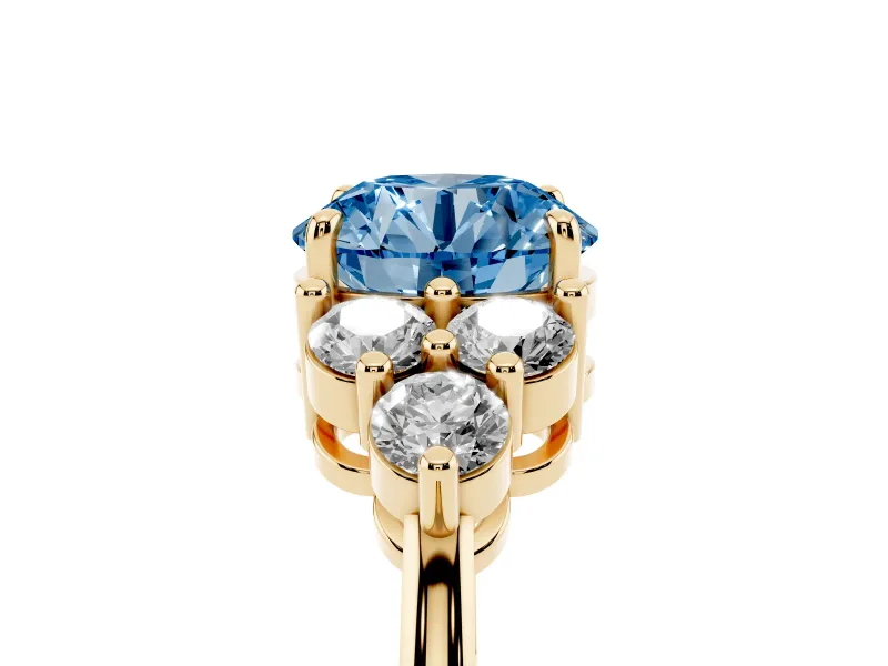 Round Cluster Side Stone Engagement Ring Setting for a Fancy Blue Lab-Grown Diamond | Yellow Gold