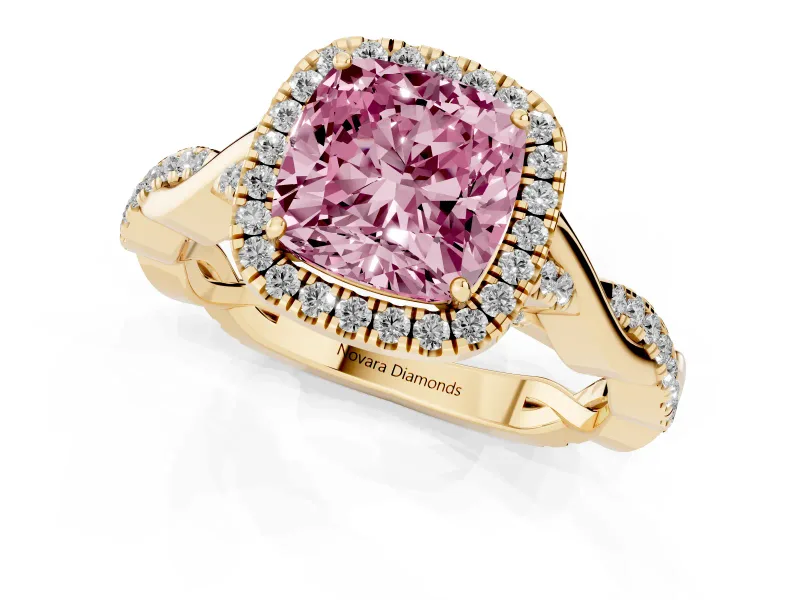 Cushion Cut Twist Halo Engagement Ring Setting for a Fancy Pink Lab-Grown Diamond | Yellow Gold