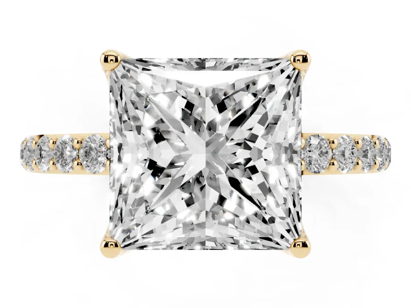 Princess Cut Pave Solitaire Engagement Ring Setting | Fine Line Pave Band | Yellow Gold