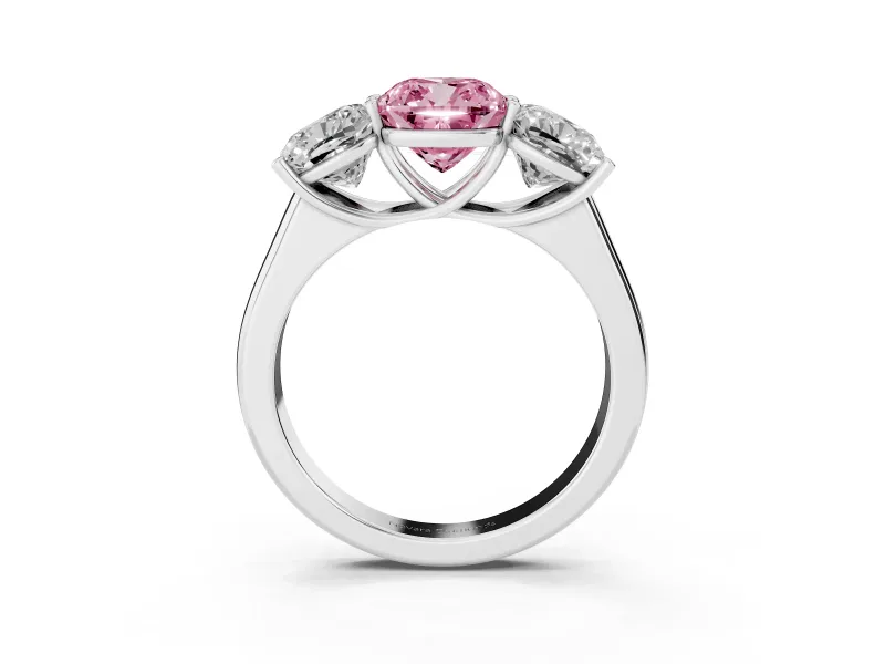 Cushion Cut Three Stone Engagement Ring Setting for a Fancy Pink Lab-Grown Diamond | Basket Prong Heads | White Gold
