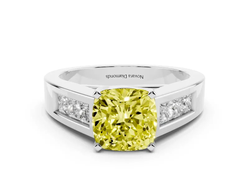 Fancy Yellow Cushion Cut Diamond Solitaire Ring Set in White gold with Channel-Set Accent Stones and Prong Setting