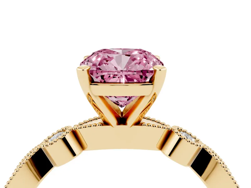 Fancy Pink Cushion Cut Diamond Solitaire Engagement Ring Set in Yellow gold with Milgrain Bezel Accent Band