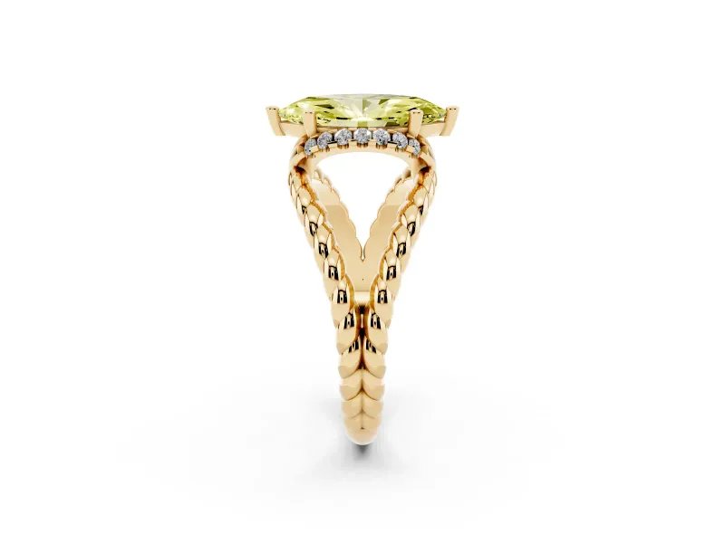 Fancy Yellow Marquise Cut Diamond Halo Ring Set in Yellow gold with Twisted Band and Prong Setting