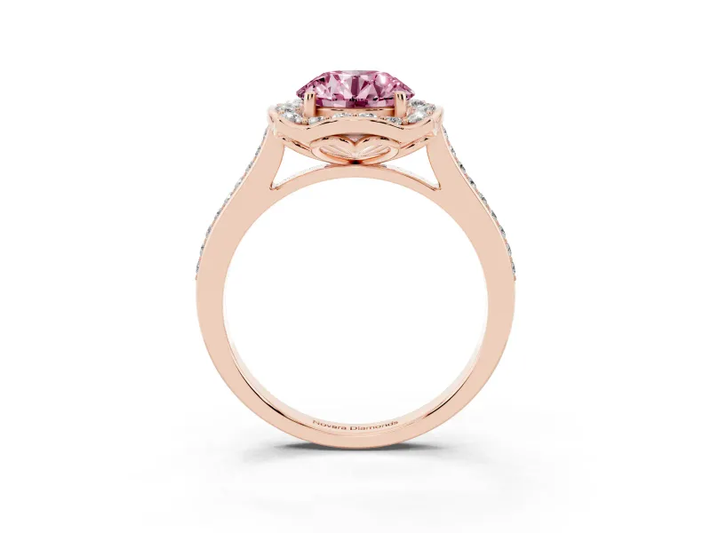 Round Halo Engagement Ring Setting for a Fancy Pink Lab-Grown Diamond | Petal Tips | Rose Gold