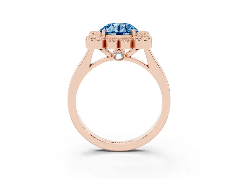 Round Milgrain Cluster Halo Engagement Ring Setting for a Fancy Blue Lab-Grown Diamond | Plain Band | Rose Gold