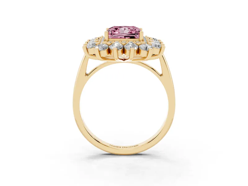 Princess Cut Floral Double Halo Engagement Ring Setting for a Fancy Pink Lab-Grown Diamond | Plain Band | Yellow Gold
