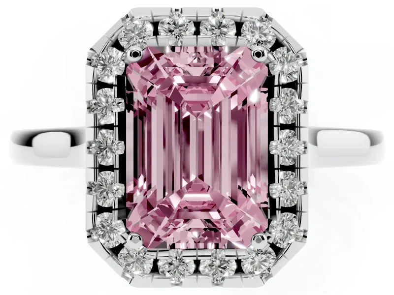 Fancy Pink Emerald Cut Halo Round Diamond Solitaire Ring Set in White gold with Pavé Band and Prong Setting