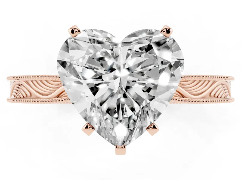 Heart-Shaped Engraved Solitaire Engagement Ring Setting | Milgrain Edges | Rose Gold