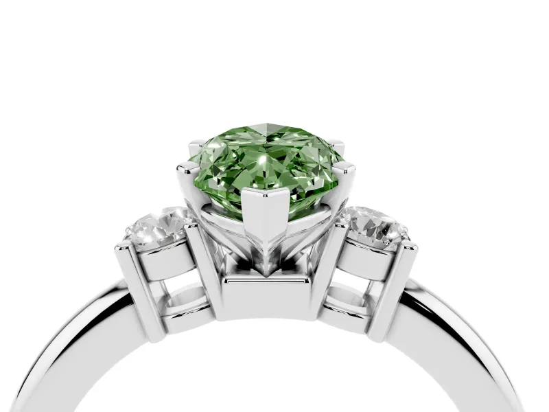 Fancy Green Three-Stone Marquise Cut Diamond Ring Set in White gold with Prong Setting and Plain Band