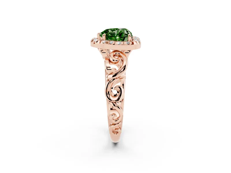 Fancy Green Heart Cut Diamond Halo Ring Set in Rose gold with Scrollwork Band and Prong Setting