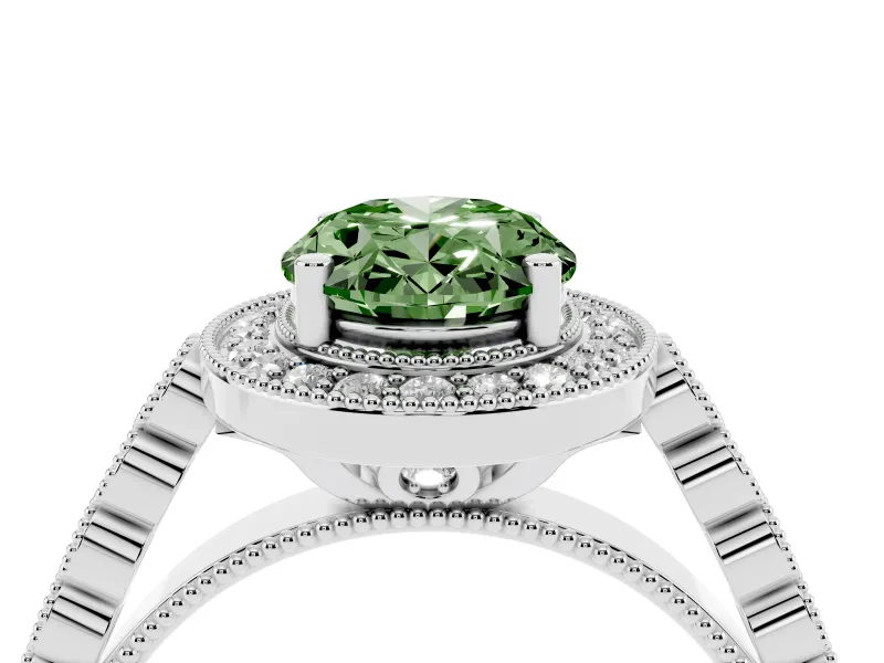 Fancy Green Oval Cut Diamond Milgrain Halo Solitaire Ring Set in White gold with Bezel Set Side Stones and Pavé Band