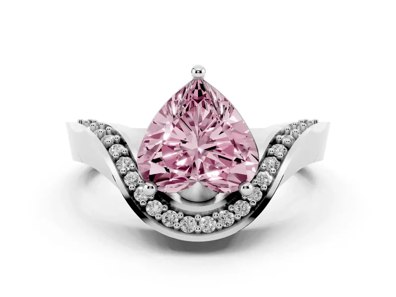 Fancy Pink Heart Cut Diamond Solitaire Engagement Ring Set in Platinum with Pavé Shoulders