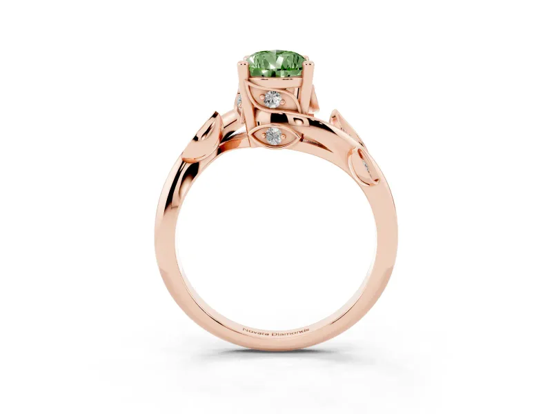 Fancy Green Pear Cut Diamond Solitaire Twist Engagement Ring Set in Rose gold with Pavé Leaf Accents