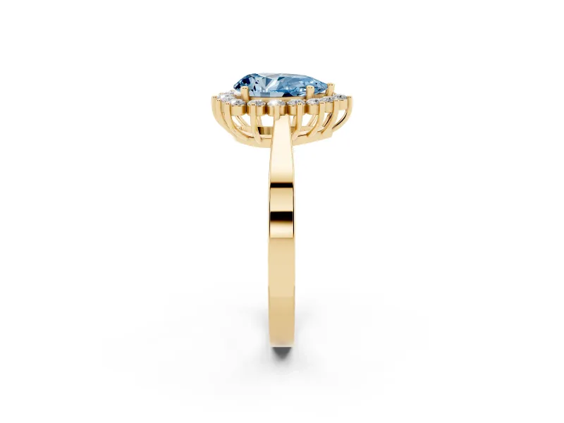Fancy Blue Pear Cut Diamond Halo Ring Set in Yellow gold with Round Halo and Smooth Solitaire Band