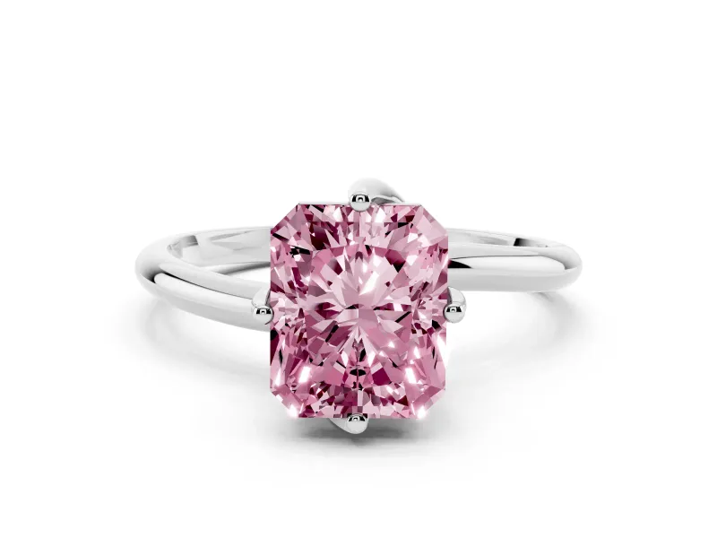 Fancy Pink Radiant Cut Diamond Solitaire Engagement Ring Set in White gold with Classic Plain Band