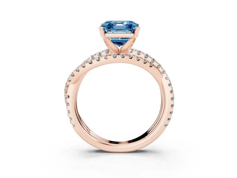 Fancy Blue Asscher Cut Diamond Solitaire Twist Band Ring Set in Rose gold with Pavé Setting and Prong Head
