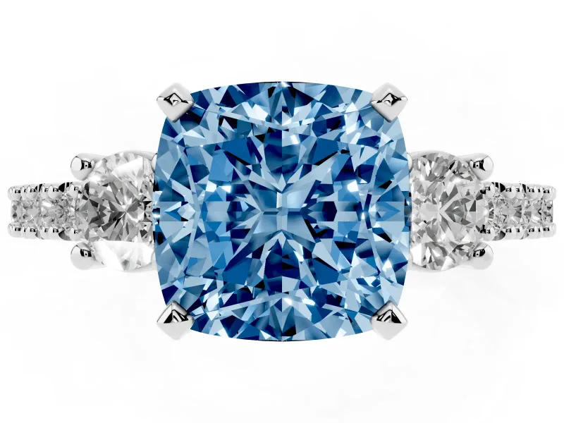 Fancy Blue Three-Stone Cushion Cut Diamond Pavé Band Ring Set in Silver with Prong Setting