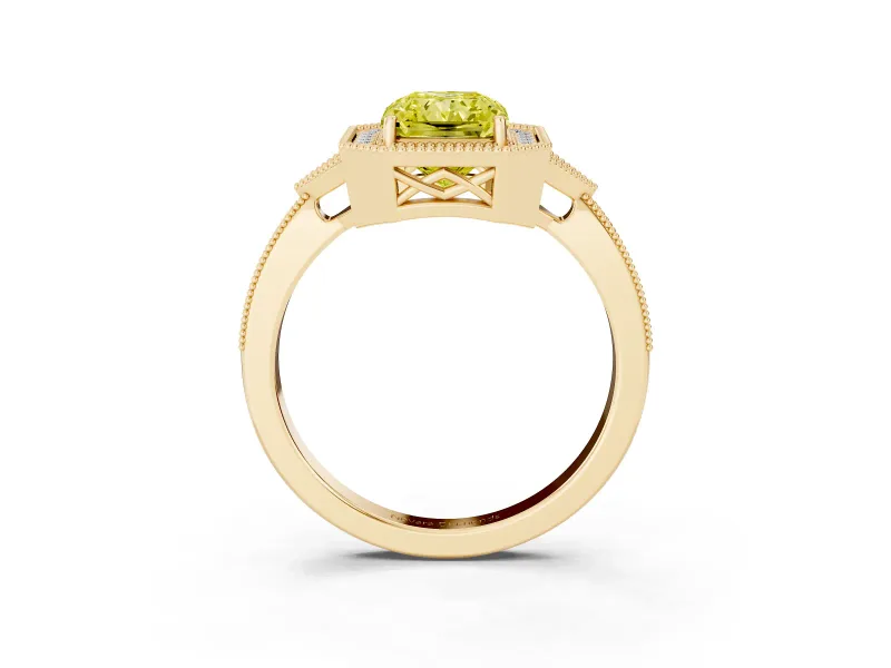 Fancy Yellow Radiant Cut Diamond Halo Engagement Ring Set in Yellow gold with Milgrain Pavé Band