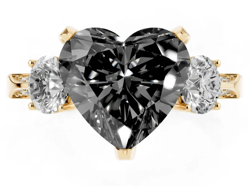 Heart-Shaped Hidden Halo Three Stone Engagement Ring Setting for a Black Center | Yellow Gold